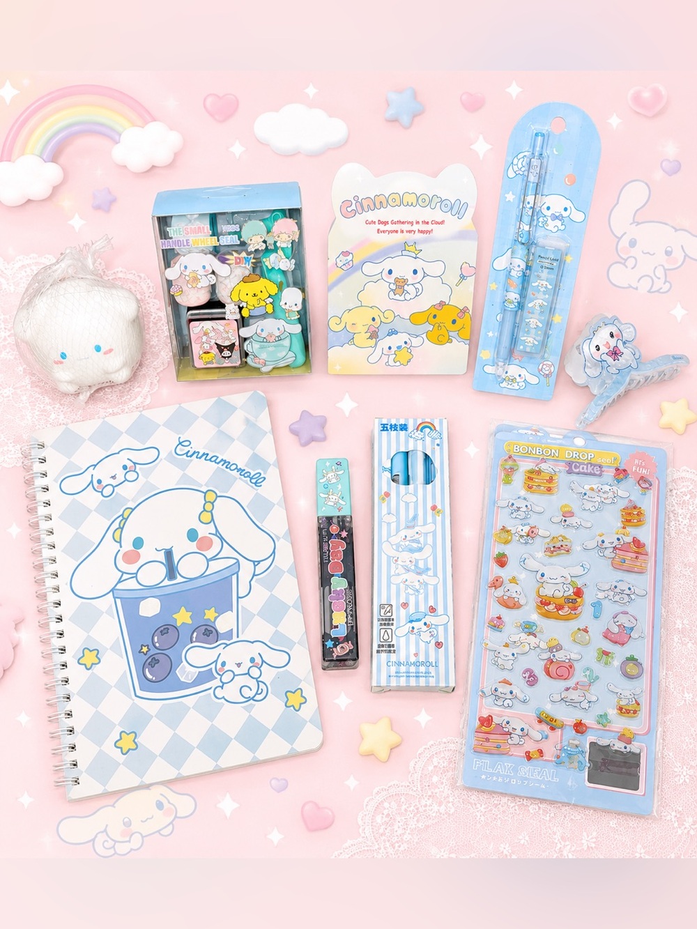 Sanrio Cinnamoroll bundle stationary notebook lip gloss hair clip squishy gift